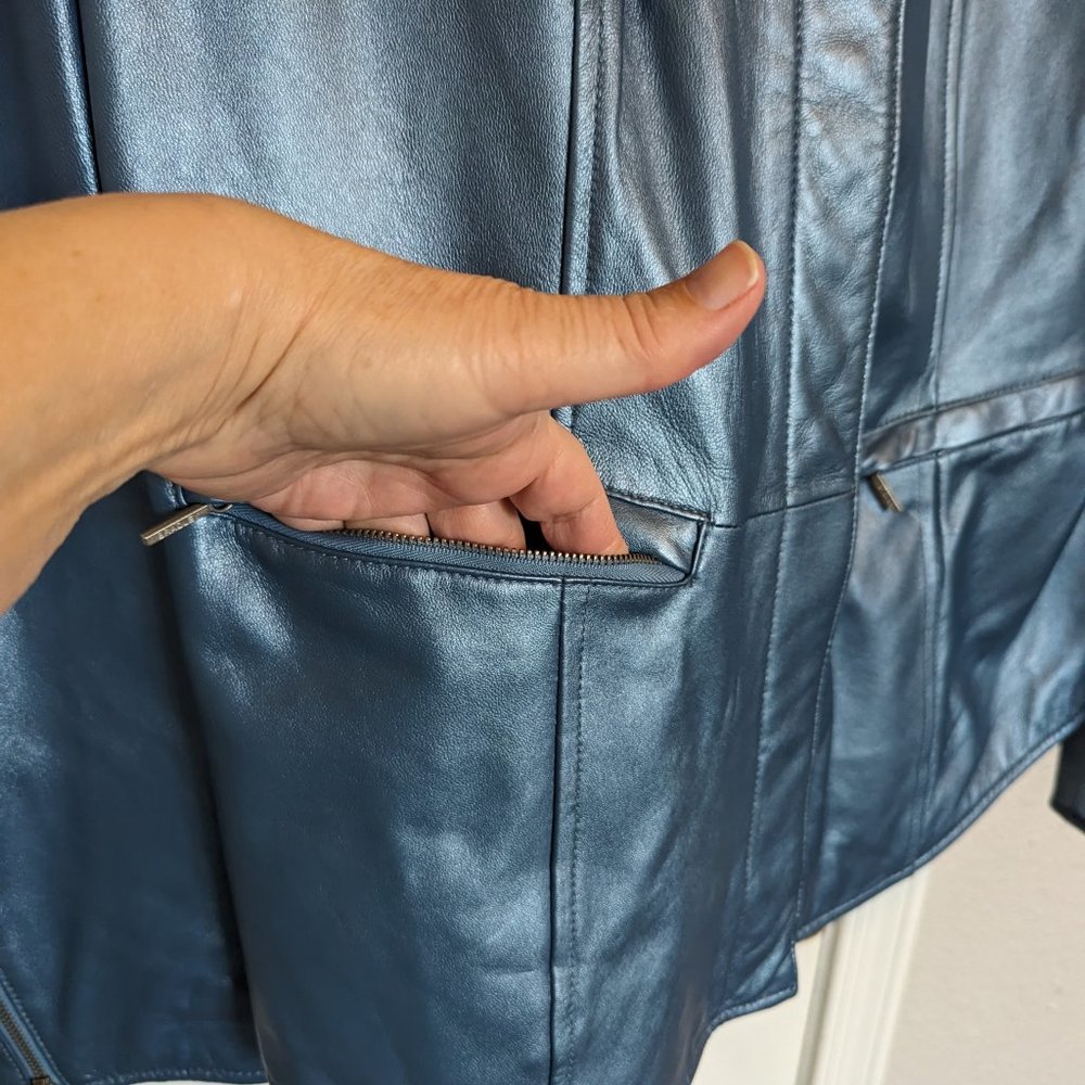 VINTAGE REAL LEATHER | METALLIC / PEARL BLUE | Jacket | L | Bradley Bayou | EUC - Picture 6 of 15